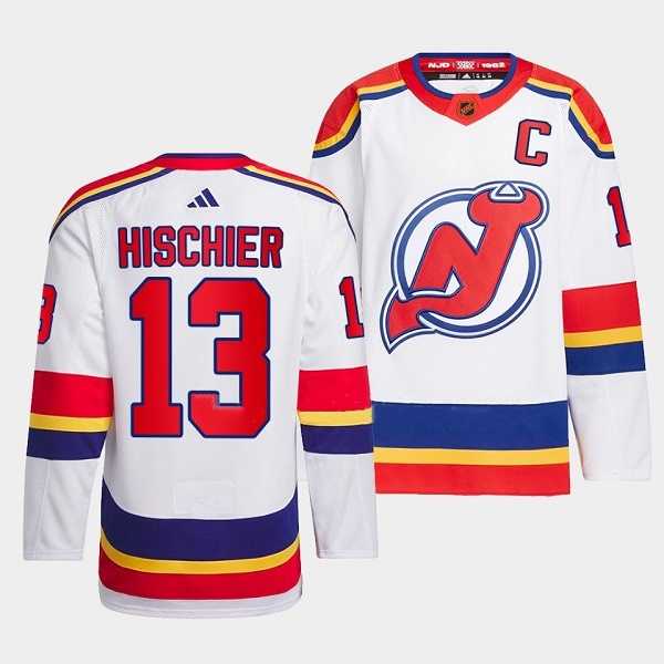 Mens New Jersey Devils #13 Nico Hischier White 2022-23 Reverse Retro Stitched Jersey Dzhi